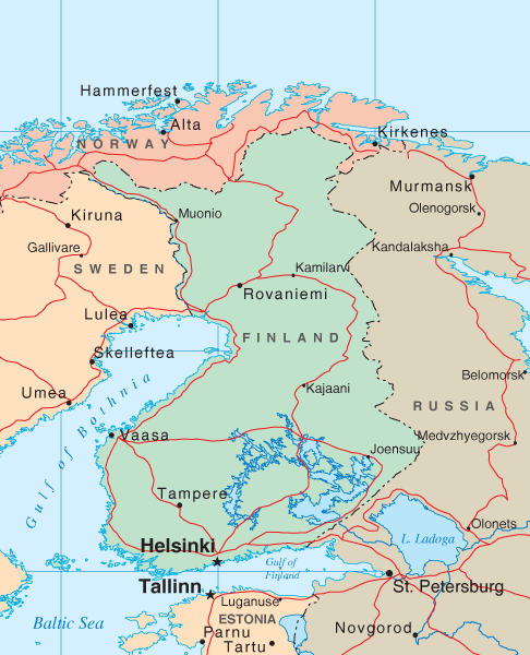 Map of Finland, showing major cities and roads.